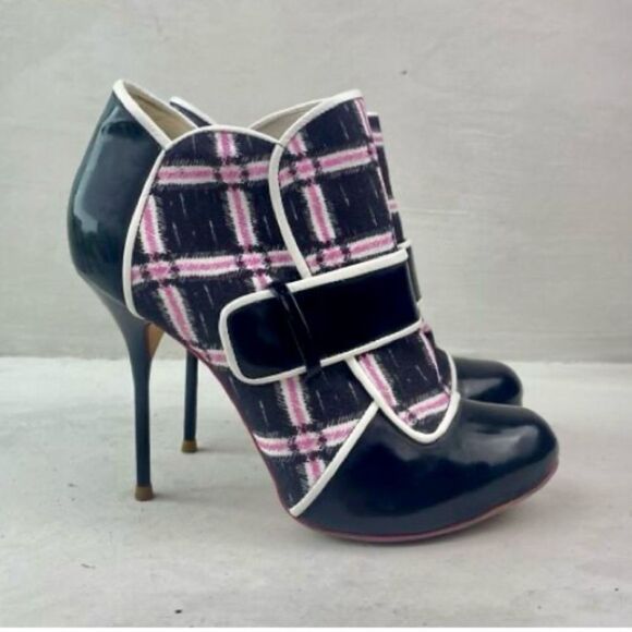 Sophia Webster Plaid Patent Leather High Heel Ankle Boots Black Pink Size EU 39 - Picture 3 of 16